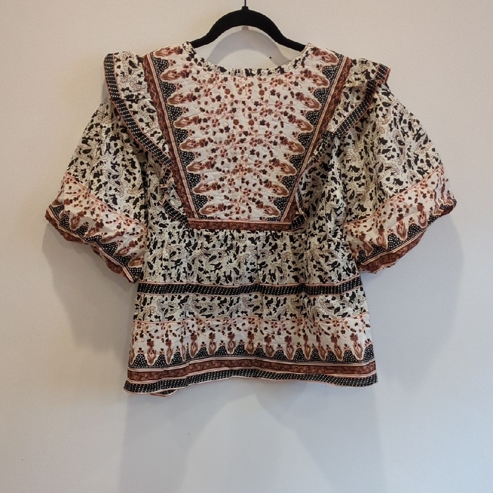 Calypso St. Barth Cotton Ivory Floral Ruffle Tie Up Boho Peasant Blouse Medium - Picture 6 of 6
